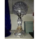 A cut glass mushroom lamp. Condition - small chip to base, wear to metal, otherwise fine.