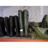 3 pairs of wellington boots and a pair of waders