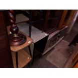 A retro melamine low sideboard, matching drop leaf table and two chairs and a pair of retro side