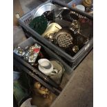 3 boxes of misc ornaments, vases, EPNS, Salter weighing scales, clocks, etc.