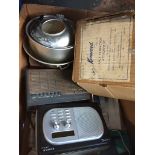 Box of household items including radio