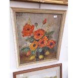 E. Leicester, still life flowers, oil on board, signed lower right, 59cm x 49cm, framed and glazed.