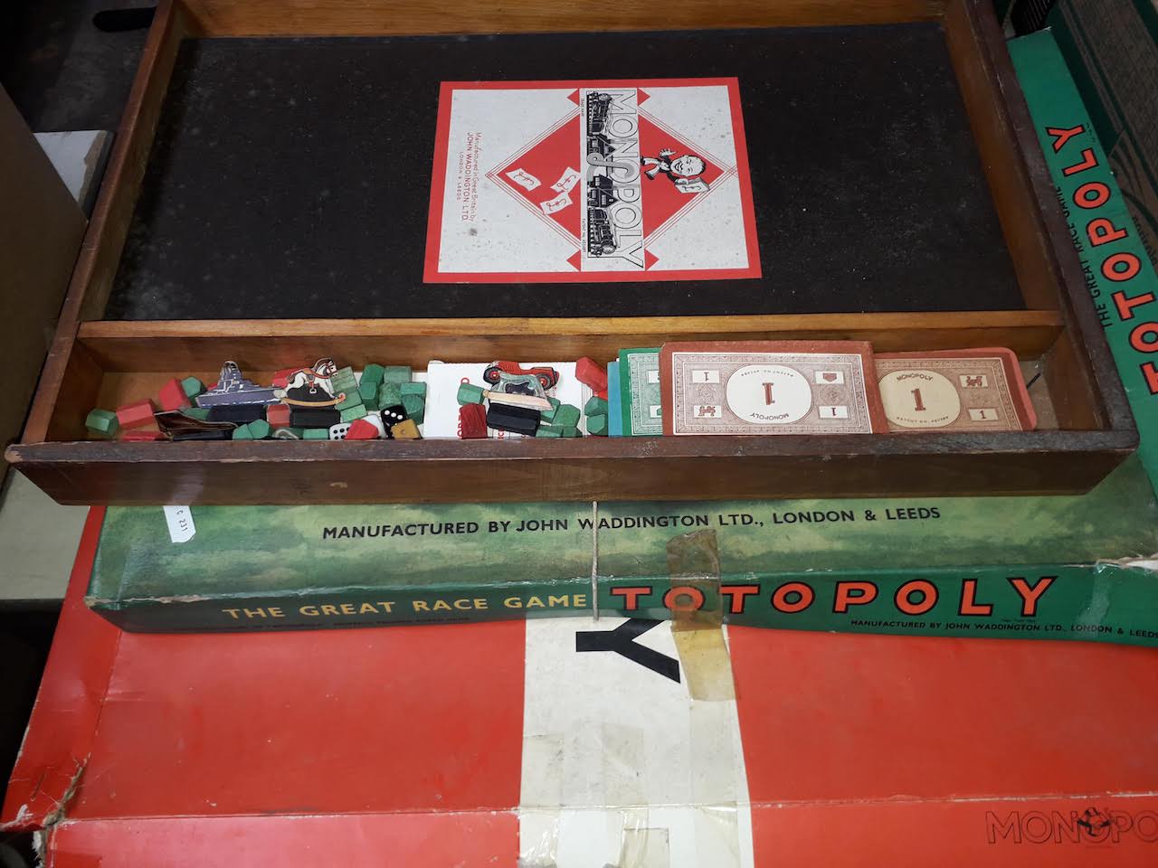 Vintage wooden box Monopoly, another and Totopoly