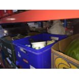 4 boxes of assorted household items including Roberts radio, roasting pans, a box of painting tools,