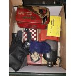 A mixed box including cribbage board, hip flask, dominoes, opera glasses etc