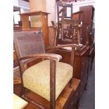 A bergere back oak framed armchair, an oak child's rocker and two stools.
