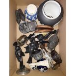 Box of pottery and metal ornaments