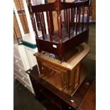 A reproduction Canterbury whatnot, two retro stools, a teak veneered glass topped nest of tables and