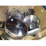 A box of cooking utensils, pans etc