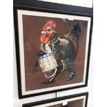After Gladys Ratcliffe, a set of three prints, cockerals in dress, 46cm x 42cm, each framed and