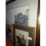 A large fishermans harbour print glassed in frame, and a picture of a knight on horseback