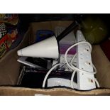 A box of electricals including table lamp, hair dryer, digital photo frame, large digit telephone