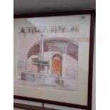 John Culham, European street scene with water fountain, watercolour, signed lower left, 39cm x 40cm,