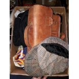 A box of handbags, leather satchel etc