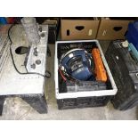 Various power tools including 18v cordless drill in case, router table, 2 polishers, jump leads,