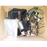 A box of miscellaneous items including dressing table set, metal magazine rack, pewter tankard,
