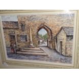 T. Watkins, 'Abbey Gate, Cartmell', watercolour, signed lower right, 22cm x 31cm, framed and glazed.