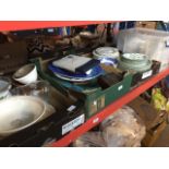 4 boxes of mixed pottery, teaware including Churchill ware, large platter and a tureen