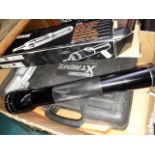 A box of garageware including torch, cordless screwdriver, mini tool set and electric screwdriver
