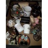 Box of ornaments etc. inc pair of metal vases