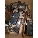 Box with mincer, brass blow lamp and other items