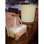 An occasional table, a Lusty Lloyd Loom wicker corner basket, small three leg stool and a woven
