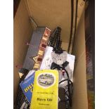 A box of model railway track, Gaugemaster train controller, 2 maintenance books for Morris Minor