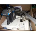 A box of kitchenware including a Vax slimvac cordless vacuum cleaner including charger