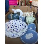 A box of pottery including Wedgwood items