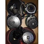 A box containing 6 fishing reels, including Shimano Baitrunner 3500, Trail GR-600, Garcia Mitchell