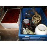 A mixed box of glassware, pottery, jewellery boxes and a box of Pyrex bowls etc