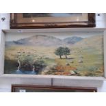 A mid 20th century landscape oil, indistinctly signed lower right, 30cm x 68cm, framed.
