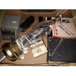 Box of walkie talkies etc. and a table lamp