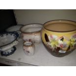 Lead glazed jardiniere, three Doulton pots and another