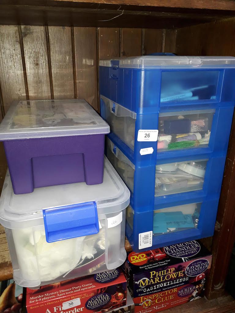 A plastic 4 drawer cabinet of cake decorating items, and a tub of beadworking items etc