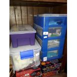 A plastic 4 drawer cabinet of cake decorating items, and a tub of beadworking items etc