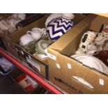 Three boxes of pottery including Staffordshire pottery dogs, Mayfair teaware, vase, Sadler ware etc