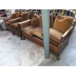 Carved wood 3 piece suite with berjere sides and leather backs