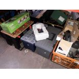 A collection of tools including 3 tool boxes, tiling kit, circular saw, sander and a bucket of