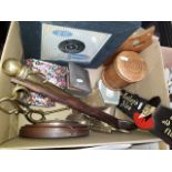 Brass fire irons, wooden spoon, framed single record, barometer and other items