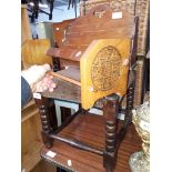 A book rack, small cushion topped oak stool and a letter rack