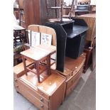 Five items of furniture comprising two oak veneer dressing tables, a black computer desk, a stool