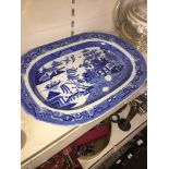 Large Victorian blue and white willow pattern platter