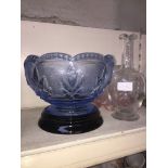 1920's blue glass bowl, claret jug and lightshade
