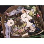 Box with china figures, pottery, foot stool etc.