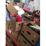 7 boxes of miscellaneous items including bed sheets, tripod, material, christmas items, household