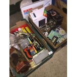 2 boxes of assorted items including table lamp, HP printer, push lights, indoor tv aerial etc