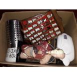 A box of misc. to include water filter jug, a collection of thimble's, anatomical model and