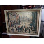 A retro print after LS Lowry, white framed, 69cm x 64cm.