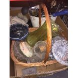 A box of glassware, cutlery and a wicker basket